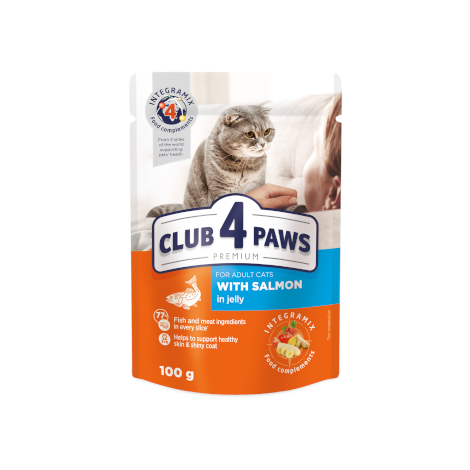 CLUB 4 PAWS PREMIUM "Με σολωμοσ σε ζελε". Πλήρεις κονσερβοποιημένη ζωοτροφών για ζώα συντροφιάς για ενηλικεσ γατεσ