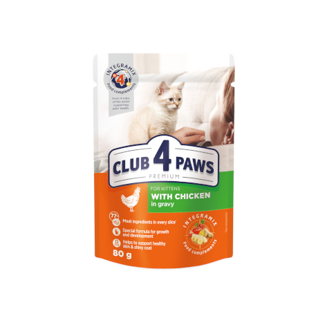 CLUB 4 PAWS PREMIUM για γατακια "Με κοτοπουλο σε σαλτσα". Πλήρεις κονσερβοποιημένη ωοτροφών για ζώα συντροφιάς 