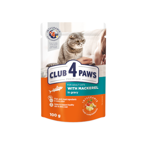 CLUB 4 PAWS PREMIUM "Με σκουμπρι σε σαλτσα". Πλήρεις κονσερβοποιημένη ωοτροφών για ζώα συντροφιάς για ενηλικεσ γατεσ. 