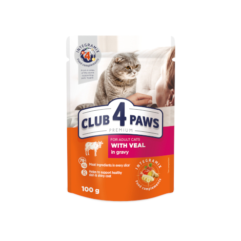 CLUB 4 PAWS PREMIUM "Με μοσχαρι σε σαλτσα". Πλήρεις κονσερβοποιημένη ωοτροφών για ζώα συντροφιάς για ενηλικεσ γατεσ