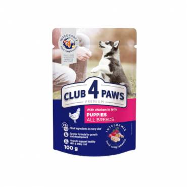 CLUB 4 PAWS PREMIUM για κουτάβια "Με κοτοπουλο σε ζελε". Πλήρεις κονσερβοποιημένη ωοτροφών για ζώα συντροφιάς