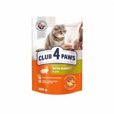 CLUB 4 PAWS PREMIUM "Με κουνελι σε ζελε". Πλήρεις κονσερβοποιημένη ωοτροφών για ζώα συντροφιάς για ενηλικεσ γατεσ