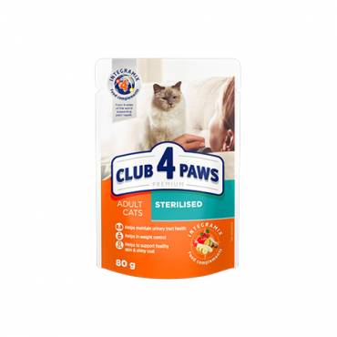 CLUB 4 PAWS PREMIUM "STERILISED". Πλήρεις κονσερβοποιημένη ωοτροφών για ζώα συντροφιάς για ενηλικεσ στειρωμενεσ γατεσ