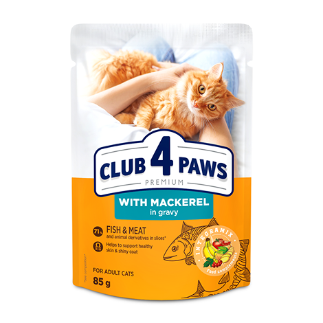 CLUB 4 PAWS PREMIUM "Με σκουμπρι σε σαλτσα". Πλήρεις κονσερβοποιημένη ωοτροφών για ζώα συντροφιάς για ενηλικεσ γατεσ.