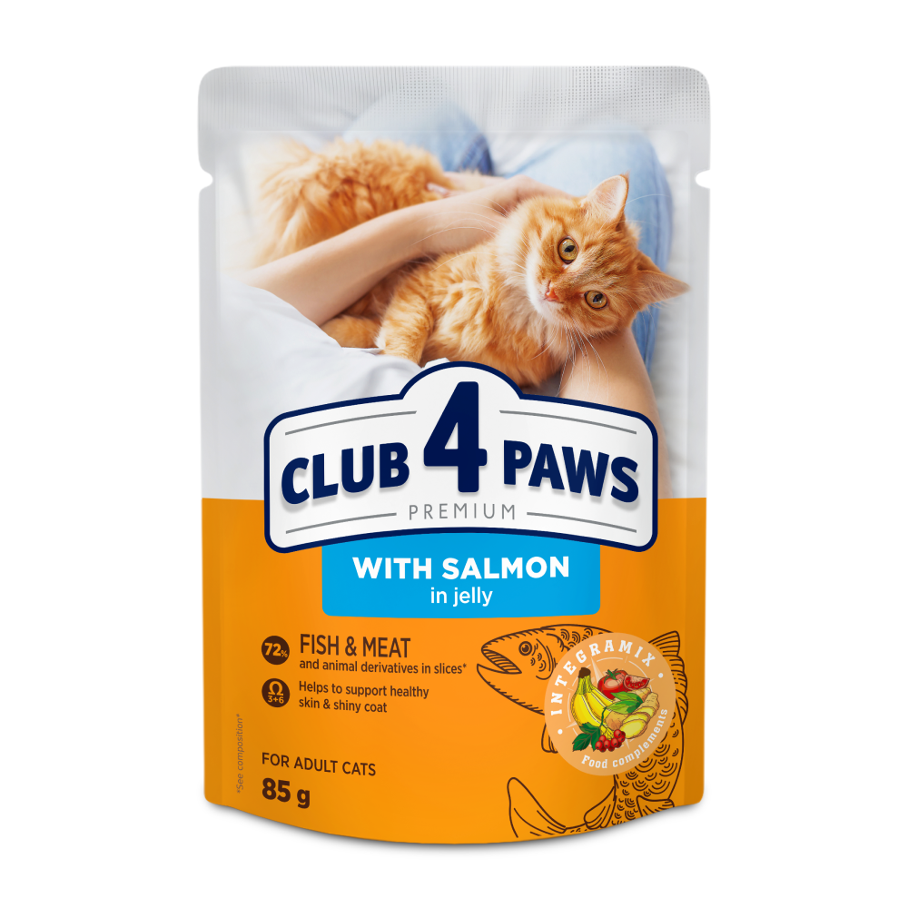 CLUB 4 PAWS PREMIUM "Με σολωμοσ σε ζελε". Πλήρεις κονσερβοποιημένη ζωοτροφών για ζώα συντροφιάς για ενηλικεσ γατεσ