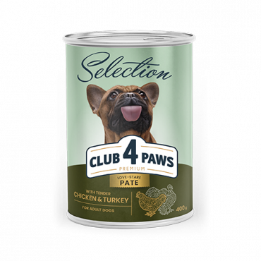 CLUB 4 PAWS PREMIUM ΠΛΉΡΗΣ ΚΟΝΣΕΡΒΟΠΟΙΗΜΈΝΗ ΤΡΟΦΉ ΓΙΑ ΕΝΉΛΙΚΟΥΣ ΣΚΎΛΟΥΣ «ΜΕ ΚΟΤΌΠΟΥΛΟ ΚΑΙ ΓΑΛΟΠΟΎΛΑ ΣΕ ΠΑΤΈ»