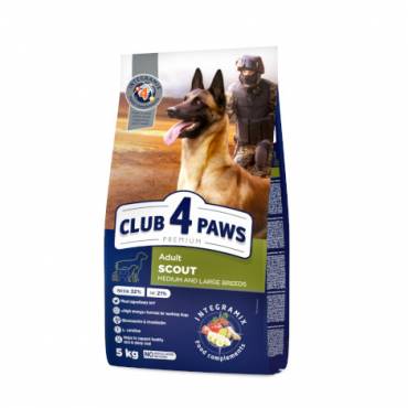 CLUB 4 PAWS PREMIUM «SCOUT». ΠΛΗΡΗΣ ΞΗΡΑ ΤΡΟΦΗ ΓΙΑ ΤΟΥΣ ΕΝΗΛΗΚΟΥΣ ΣΚΥΛΟΥΣ ΕΡΓΑΣΙΑΣ ΤΩΝ ΜΕΣΑΙΩΝ ΚΑΙ ΜΕΓΑΛΩΝ ΦΥΛΩΝ