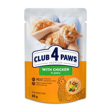 CLUB 4 PAWS PREMIUM "Με κοτοπουλο σε σαλτσα". Πλήρεις κονσερβοποιημένη ζωοτροφών για ζώα συντροφιάς για ενηλικεσ γατεσ