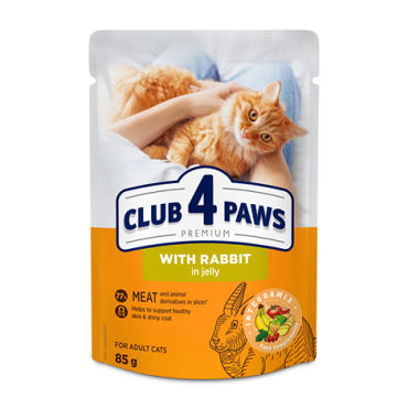 CLUB 4 PAWS PREMIUM "Με κουνελι σε ζελε". Πλήρεις κονσερβοποιημένη ωοτροφών για ζώα συντροφιάς για ενηλικεσ γατεσ