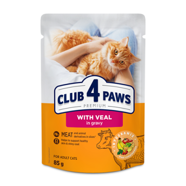 CLUB 4 PAWS PREMIUM "Με μοσχαρι σε σαλτσα". Πλήρεις κονσερβοποιημένη ωοτροφών για ζώα συντροφιάς για ενηλικεσ γατεσ